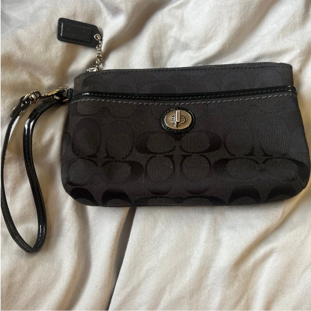 Coach Black Signature Canvas Turnlock Wristlet with Patent Strap